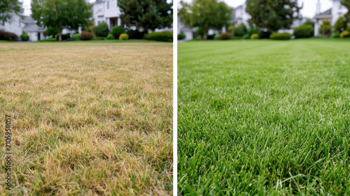 Before and after showing a suburban lawn struggling with drought and heat stress on the left. Transforming into vibrant. Healthy. Irrigated green grass on the right