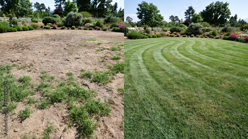 Landscaping comparison showcasing a dramatic garden transformation. Where a dry. Neglected area with sparse weeds metamorphoses into a vibrant. Healthy. And freshly mowed grass field