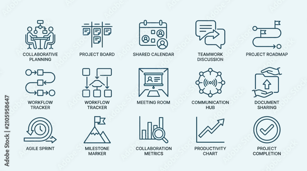 Fototapeta premium Business project management and teamwork collaboration icons.