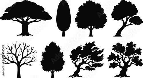 Foto Set of various black tree silhouette icons including oak cypress and bare winter