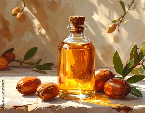 Golden honey in glass jar with fresh herbs and apples.