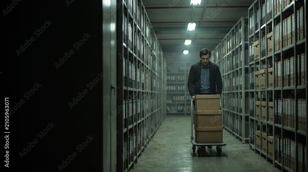 Naklejka premium Office worker enters a corporate records archive aisle with boxes