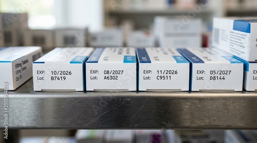 Expiration date labels visible on a row of stocked medication cartons close-crop detail shot