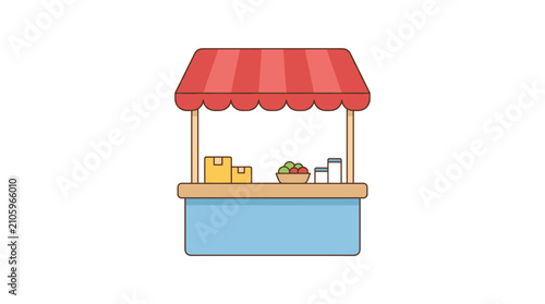 Simple flat illustration of a market stall with red striped awning displaying boxes fruit and containers on a white background