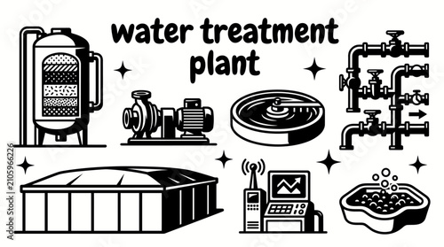 Quadro su tela water treatment facilities featuring filtration tanks pumps clarifiers pipelines