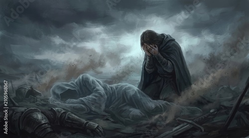 Weeping Cloaked Figure Mourning Defeated Warrior On Dark Fantasy Battlefield