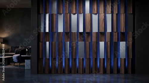 Wall panel displays vertical wooden slats and polished metal accents illuminated by blue LED strips.