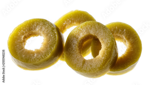Фотография Isolated sliced green olives close up, pitted and perfectly prepared for cooking