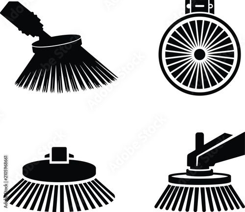Street sweeper brush vector set, rotary broom road cleaning attachment logo icon, industrial sweeper brush decal design