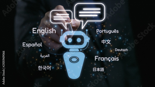 Konstfotografi Global communication with multiple languages, digital translation tools, multilingual technology, cross-cultural communication, and virtual language learning environments