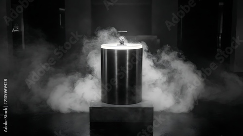 Metal pedestal occupies the center of a dark room while enveloped in thick rolling ground fog.