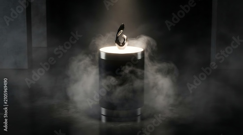 Cylinder product display stands elegantly on a reflective dark surface amidst swirling white fog.