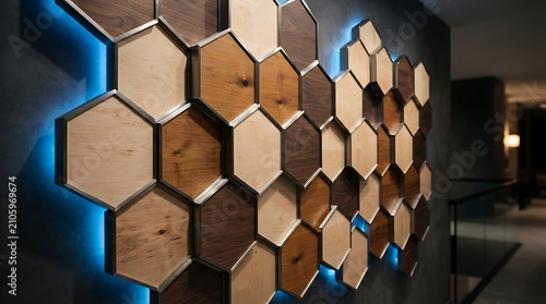 Wooden hexagon decorative panels form a unique wall feature illuminated by blue accent lighting in a stylish office lobby.