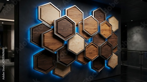 Hexagon wall panels featuring wooden textures and blue ambient lighting decorate the modern interior office space.