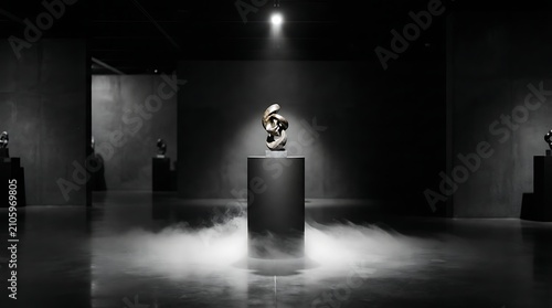 Sculpture sits atop a dark minimalist pedestal in the center of a dimly lit art gallery exhibition space.