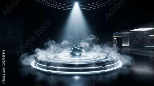 Display platform sits under a bright spotlight within a dark room filled with swirling dense fog.