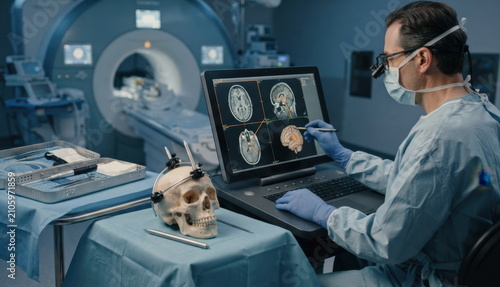 Neurosurgeon planning laser ablation trajectory beside skull model, navigation stylus, and sterile probe kit in operating room