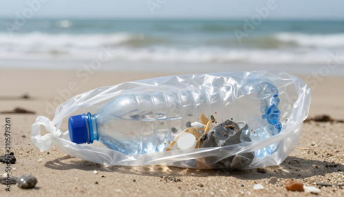 Discarded plastic bottle wrapped in a plastic bag on a sandy beach with the ocean in the background, illustrating the impact of plastic pollution on marine ecosystems, coastal environments and global 