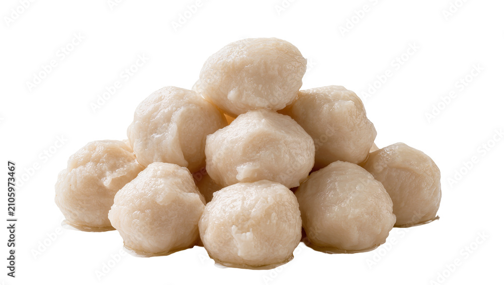 Fototapeta premium Isolated heap of delicious and freshly prepared white fish balls perfect for Asian cuisine