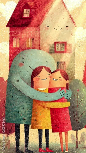 Whimsical Family Hug Illustration with Smiling House