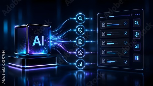 Glowing artificial intelligence cube processing digital documents and analytics on futuristic interface for automated compliance