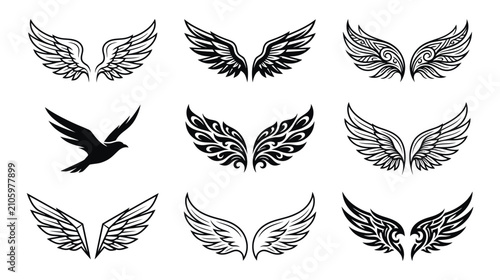 Canvastavla Set of Stylized Wing Illustrations and Bird Silhouette