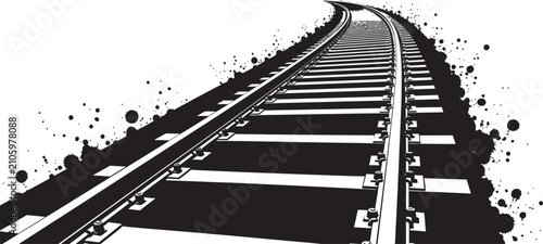 Railway tracks with stylized ink splatters on white background