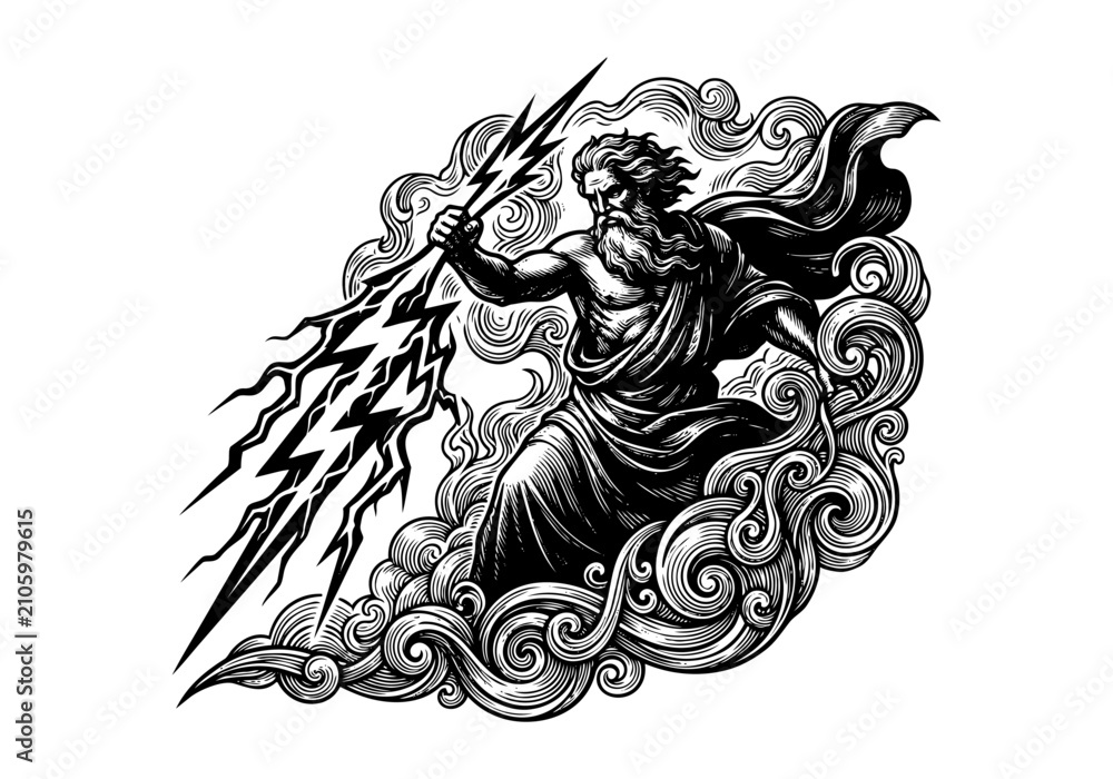 Fototapeta premium Vintage Zeus Vector Illustration Hand Drawn Greek God Of Thunder Mythology Black And White Engraving Line Art Sketch For Tattoo Flash And Graphic Design