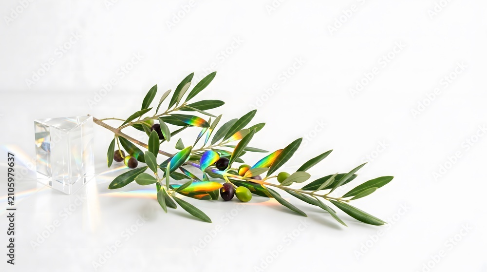 Obraz premium A creative and artistic composition featuring an olive branch intersected by a glass prism, casting a vibrant, spectral rainbow refraction across its leaves and fruit, symbolizing hope and nature