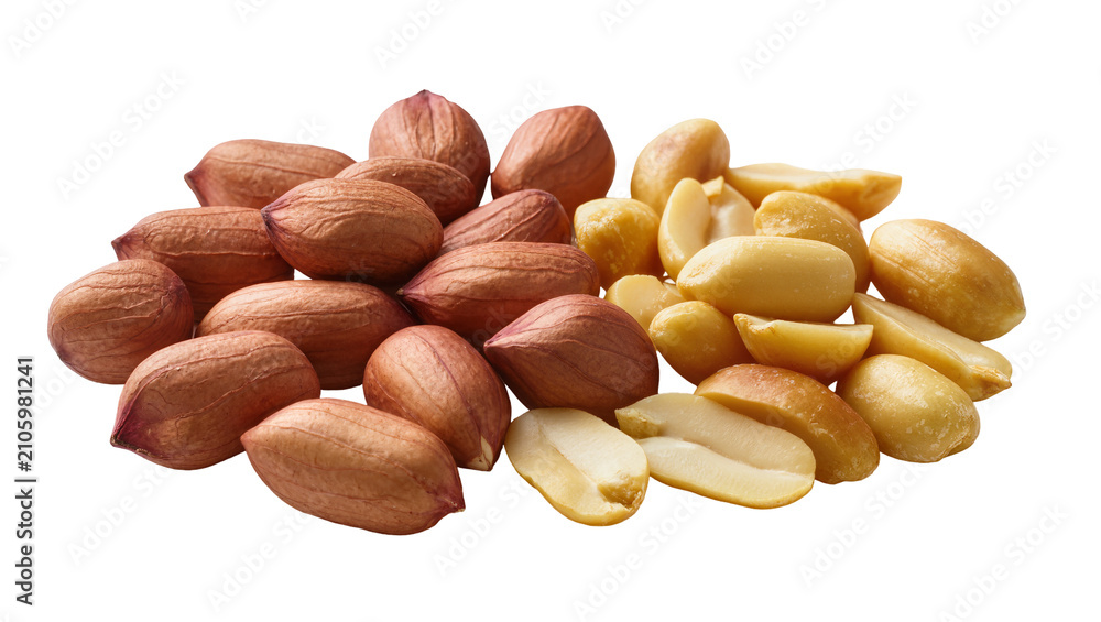 Obraz premium Isolated raw peanuts with reddish skins and peeled kernels healthy snack food ingredient