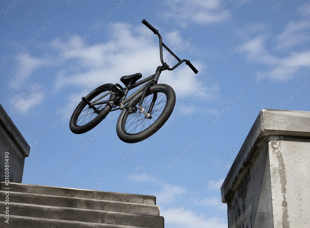 Obraz premium BMX Bicycle Rotating Above Concrete Stair Gap Without Rider Dynamic Urban Action Photography Scene Airborne