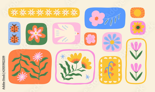 Colorful floral graphic illustration set. Vintage style flower patchwork design collection. Geometric frame shape bundle, spring season nature elements with flowers, bird, ladybug.