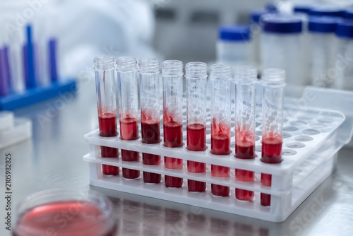 Bone marrow sample rack holding unmarked transparent tubes containing red aspirate sterile laboratory environment research