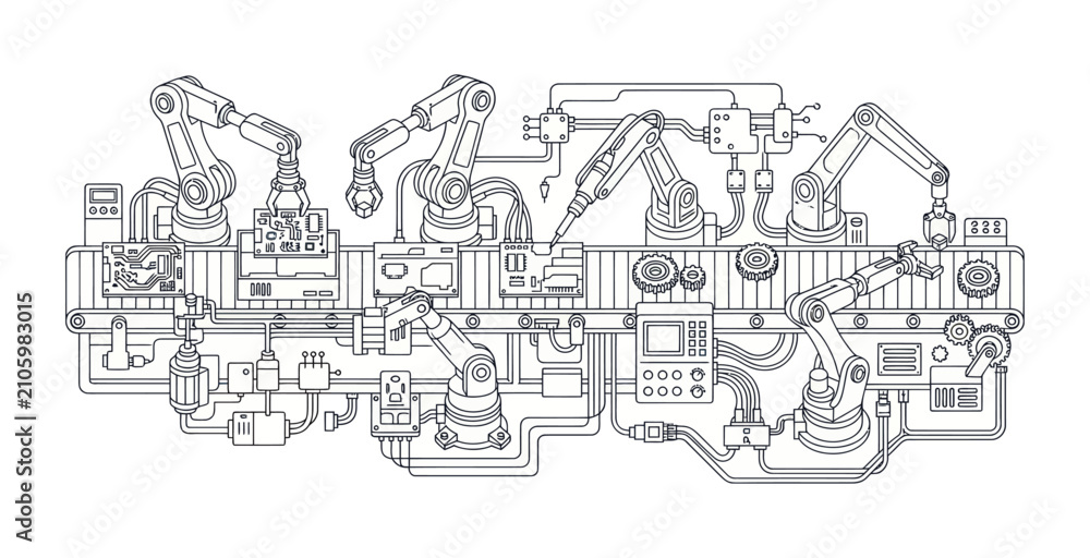 Fototapeta premium Automated Robotic Assembly Line Outline Illustration