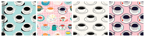 Hand drawn vintage coffee mug seamless pattern set. Breakfast tea cup background illustration with retro floral print, fine china hot drink wallpaper texture collection.	