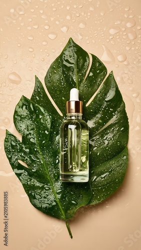 A transparent bottle of cosmetic serum with a golden cap rests on a wet, lush green monstera leaf, suggesting natural ingredients and refreshing hydration.