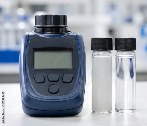 Portable turbidity meter beside cloudy and clear sample vials with blank display laboratory isolated clean
