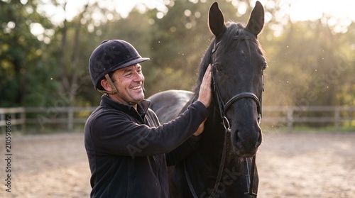 Happy mature man smiling and affectionately patting his black horse outdoors