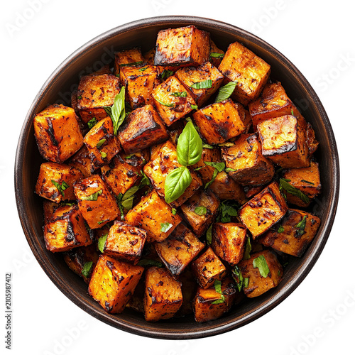 Baked sweet potato cubes in dish isolated on transparent background