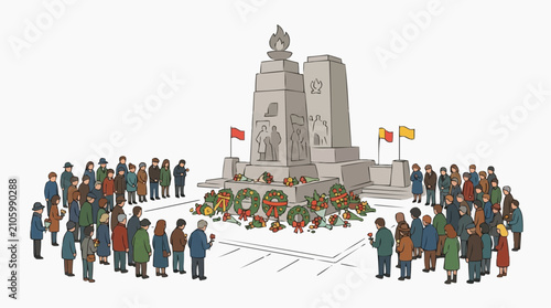 People gather at a monument to lay wreaths and flowers in remembrance and tribute