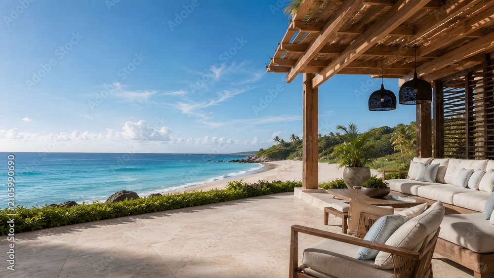 Fototapeta premium Outdoor Seating Area Overlooking Tropical Beach