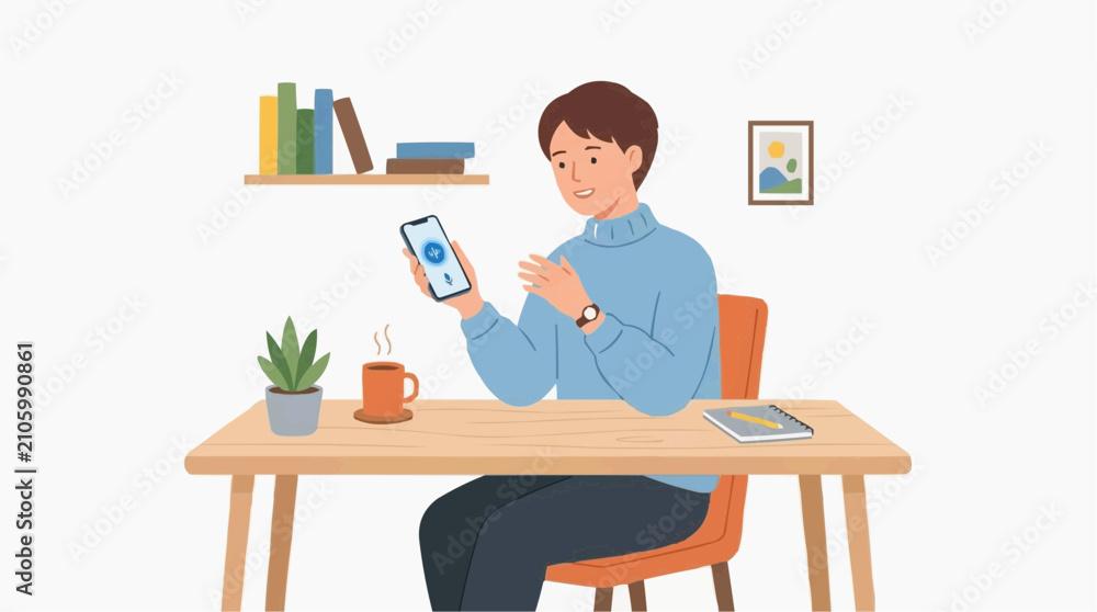 Fototapeta premium Young man sitting at a desk using a smartphone with voice assistant active, enjoying a hot beverage