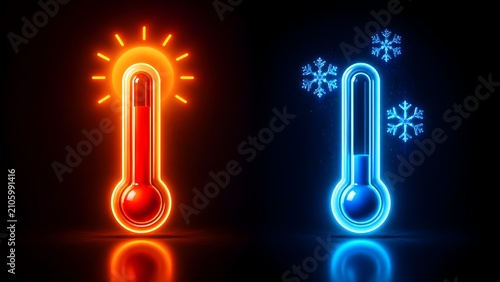Glowing neon hot and cold thermometers illustrating extreme temperatures and climate contrast on dark background