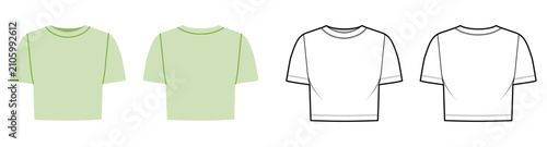 Cropped crew neck top with short sleeves and relaxed fit. Technical fashion illustration in black and white and color, front back views, clean outline, minimal silhouette, basic apparel CAD template