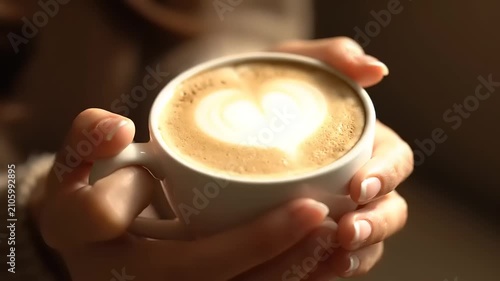 Hands holding a ceramic cup of cappuccino with heart latte art design, cozy atmosphere captured in cinematic 4k stock video style