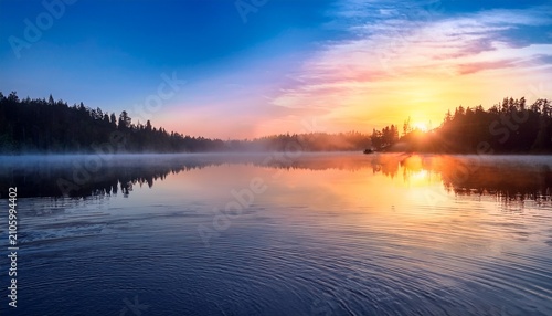 Serene Dawn Mist Over Tranquil Lake Gentle Ripples Spreading Outward From A Central Point Reflecting The Colorful Sky And Forested Shoreline