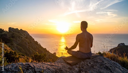 Man practicing yoga and meditation on a rocky mountain peak overlooking the ocean at sunset for inner peace and mindfulness