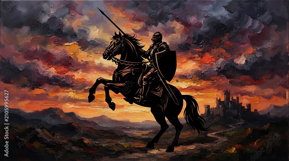 Naklejka premium Knight in Armor Riding Horse Through Fiery Battlefield at Sunset.