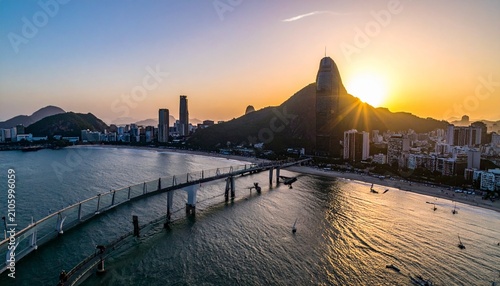 Aerial View of Rio de Janeiro Cityscape at Sunset Featuring Coastal Urban Infrastructure and Mountains