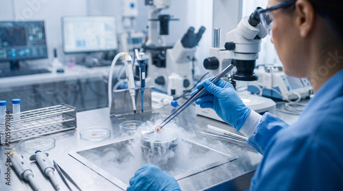 The technician's gloved hand uses precise tweezers to handle a frozen embryo sample rising out of a thick cloud of liquid nitrogen smoke